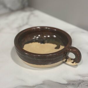 Handmade Pottery Soup Bowl with Handle - Two-Tone Brown & Cream